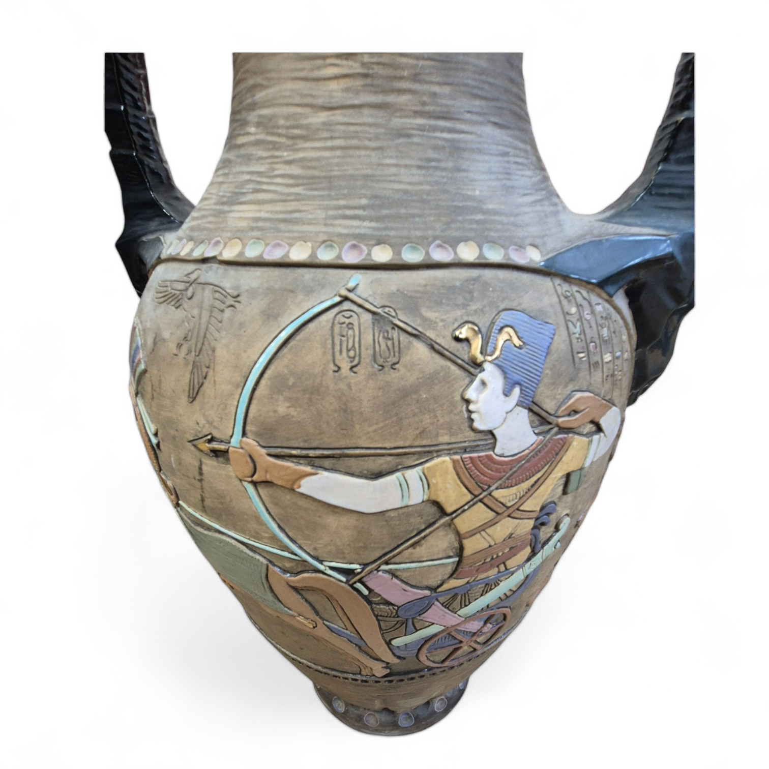 Attributed to Julius Dressler, a large Austrian cold painted terracotta Egyptian revival vase, c.1925, 62cm. Condition- good